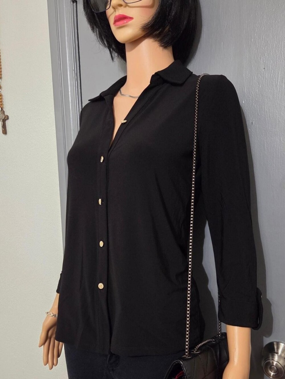 Anne Klein Black Button Up Blouse With Gold Buttons Size XS
